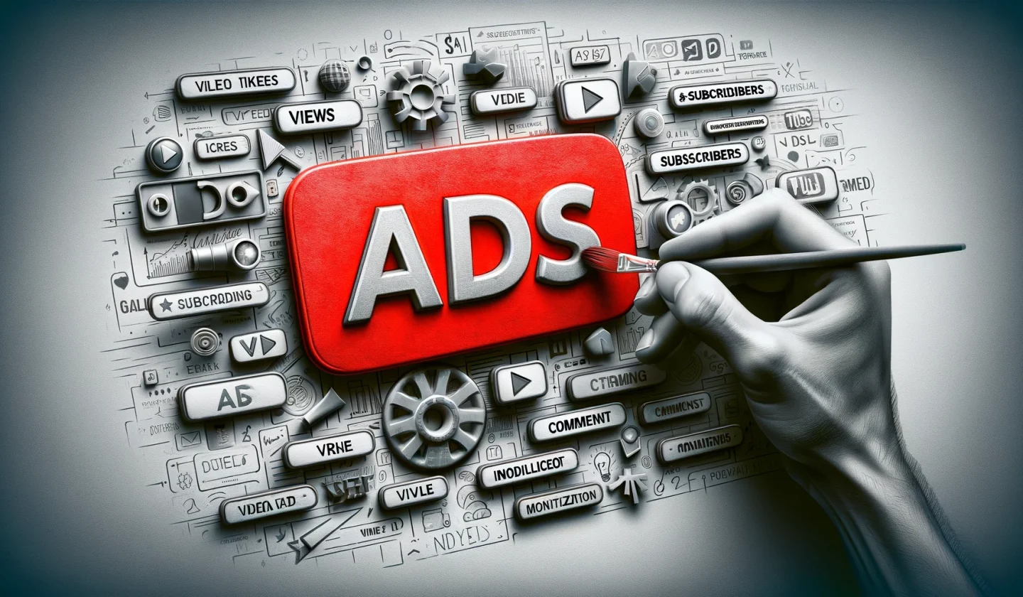 DALL·E 2024-02-28 10.22.59 - A photorealistic image of a hand painting the word 'ADS' in bold red color on a background that represents digital video ads on platforms like YouTube